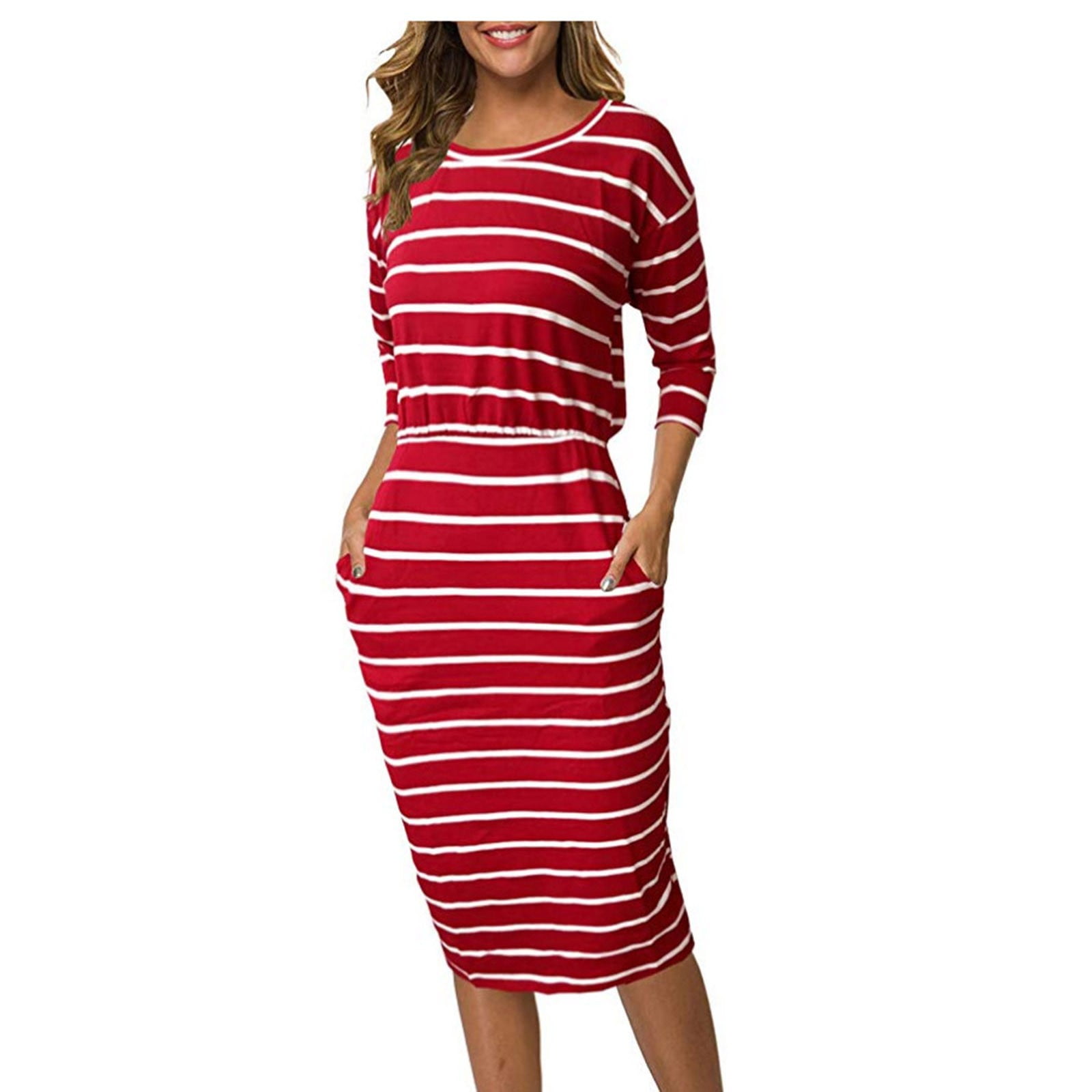 Mid-Length Stripe Dresses for Women Long Sleeve Casual Sundress Summer ...