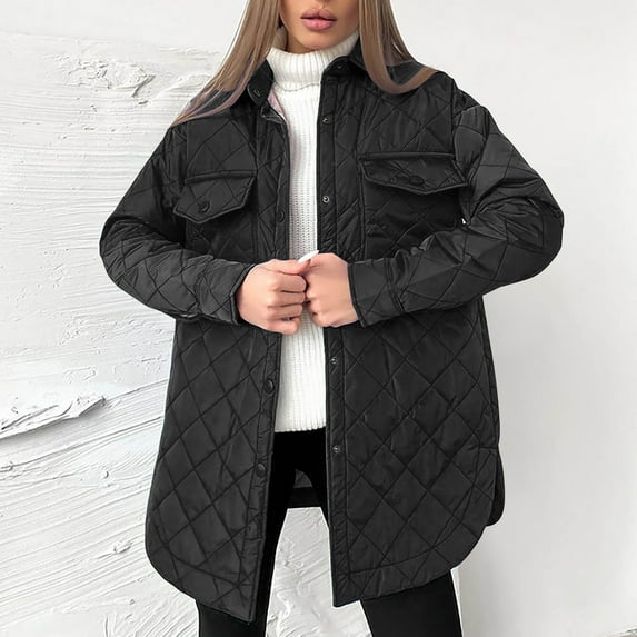 Mid Length Winter Coats for Women Lounge Long Sleeve Lapel Neck Puffy Parkas with Chest Pockets Out Work Solid Color Button Down Split Hem Jackets