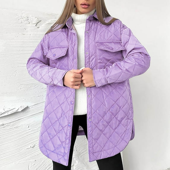 Mid Length Winter Coats for Women Lounge Long Sleeve Lapel Neck Puffy Parkas with Chest Pockets Out Work Solid Color Button Down Split Hem Jackets