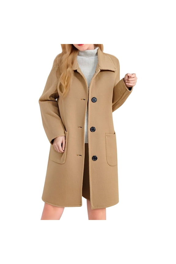 Mid Length Wool Coat for Women Long Sleeve Single Breasted Lapel Collar Solid Color Overcoat with Pockets Khaki 3XL