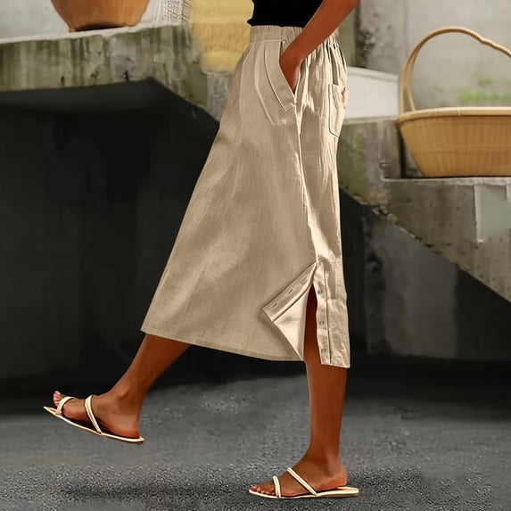 Skirts for Women Midi Length Casual Side Button Skirt High Waisted Long Flowy Skirt Summer Beach Skirts M