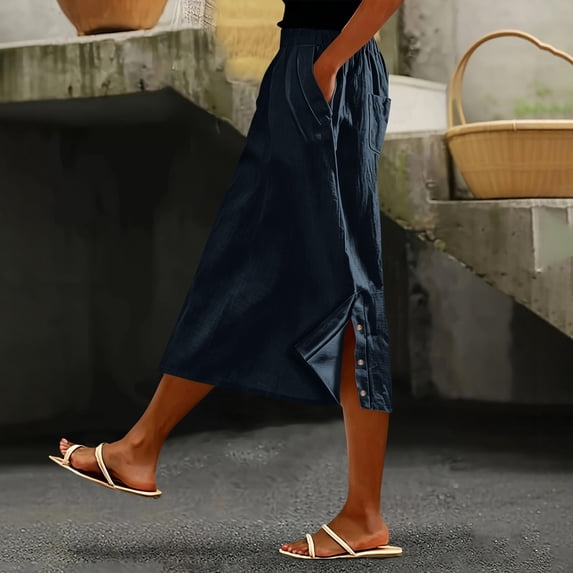 Skirts for Women Midi Length Casual Side Button Skirt High Waisted Long Flowy Skirt Summer Beach Skirts L
