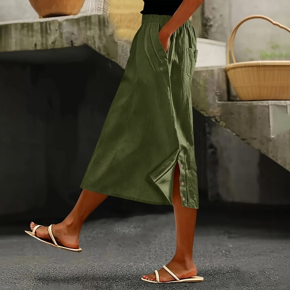 Skirts for Women Midi Length Casual Side Button Skirt High Waisted Long Flowy Skirt Summer Beach Skirts 2XL