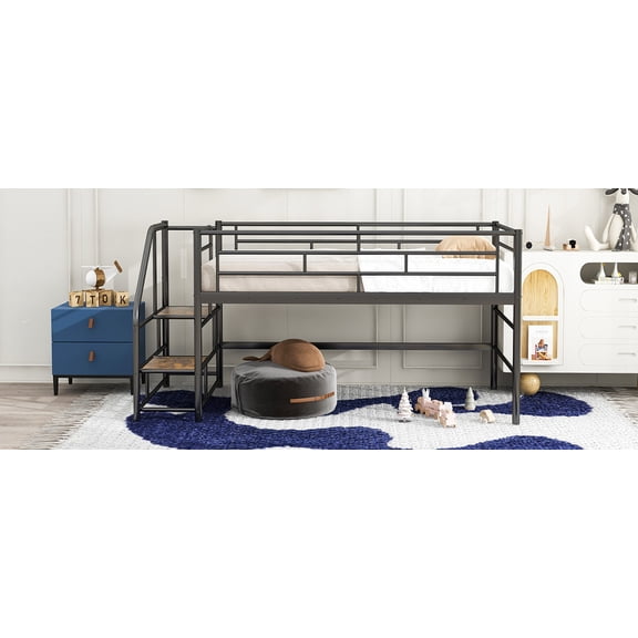 Mid Loft Bed with Storage stairs, Twin, Black