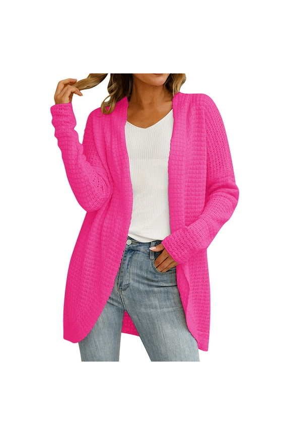 Mid-Long Cardigans for Women Soft Comfy Solid Color Open Front Knit Sweater Outwear Casual Loose Knitted Cardigan Jacket (Hot Pink XL)