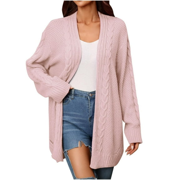 Mid-Long Cardigans for Women Soft Comfy Solid Color Open Front Sweater Outwear Casual Loose V Neck Cable Knit Jacket (Pink S)