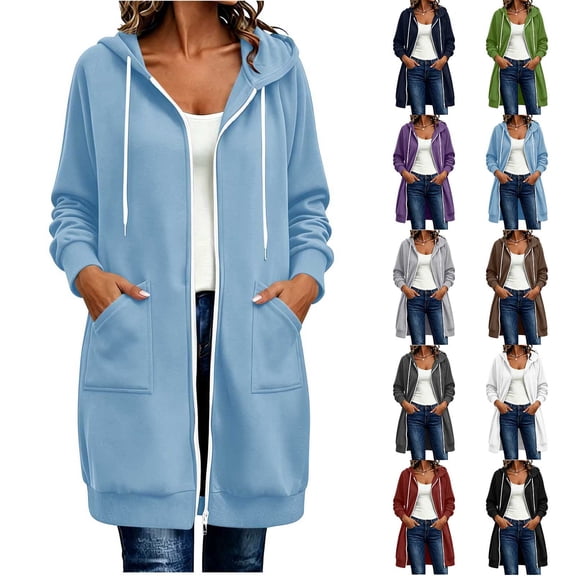 Mid Long Hoodies for Women Fall Double Zip-Way Sweatshirt Jacket with Pockets Drawstring Hooded Coat S-2XL (XL, Light Blue)