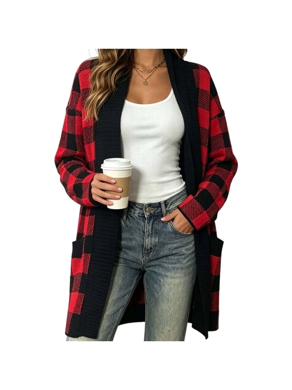 Mid Long Knit Cardigan Sweaters for Women Buffalo Plaid Ribbed Open Front Warm Outerwear Coat with Pockets (XL, Red)