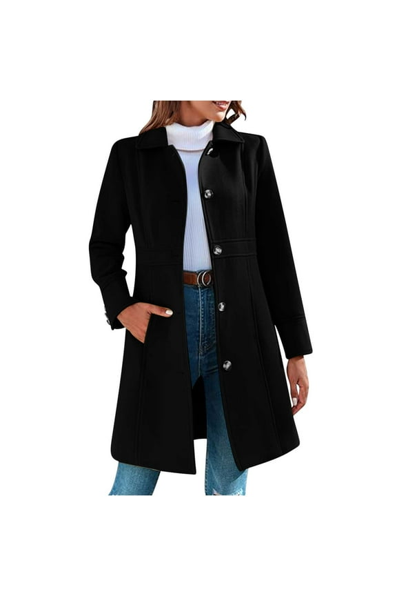Mid-Long Pea Coats for Women Winter Lapel Single Breasted Wool Coats Elegant Blazer Jacket with Pockets