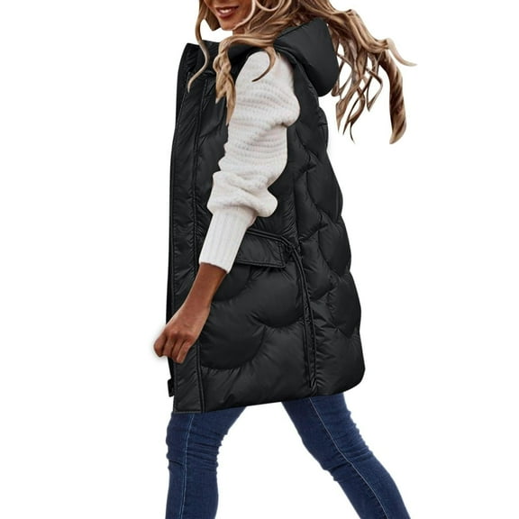 Mid Long Puffer Vest for Women Sleeveless Hooded Zip Up Padded Gilet Solid Jacket with Pockets Black L