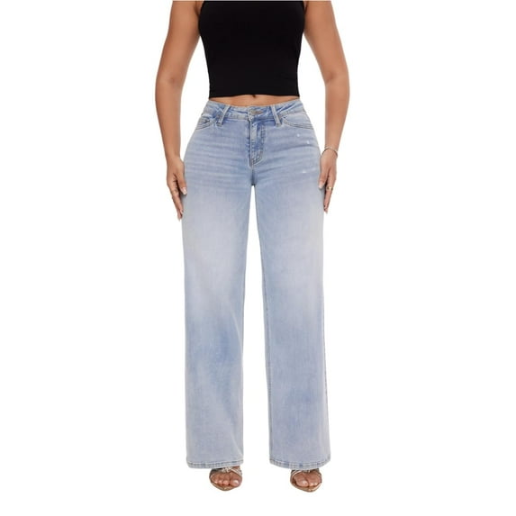 Mid-Low Rise Baggy Jeans Wide Leg for Women Distressed Pants Stretchy Bottom Lady Basic Comfortable Denim (US, Numeric, 27, Regular, Regular, Mid Low-Light Blue)