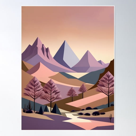 Mid Mod Retro Mountain Sunset Landscape, Purple, Peach Poster Wall Art, Modern Wall Decor For Living Room Bedroom, 12x18 UNFRAMED