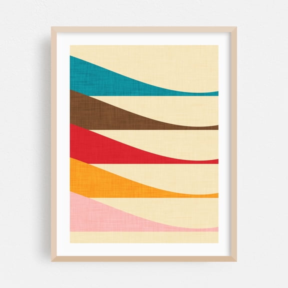 Mid Mod Waves - Digital Art Geometric Abstract Mid-Century Modern Minimalist Pattern Modern Art Retro Oak Framed Wall Art Print 12 x 16 inches
