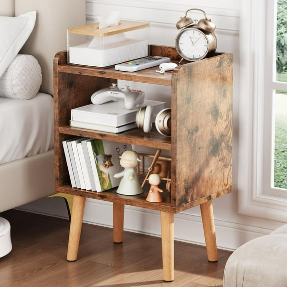 Mid  Modern Nightstand, 3 Tier Tall Wood Side Table with Open Shelves, Rustic Brown for Bedroom, Kids Room & Small Spaces
