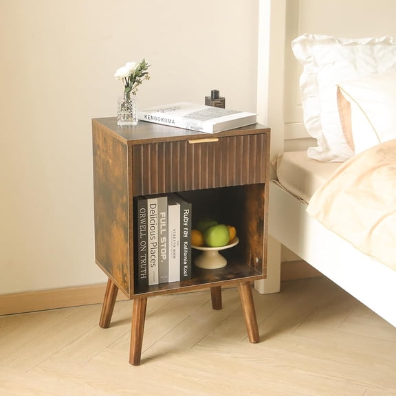 Mid Modern Nightstand with Fluted Drawer, Rustic Brown Wood Bedside Table with Storage for Bedroom Living Room
