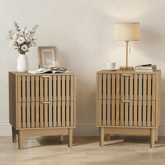 Mid-Modern Oak Bedside Table 2 Drawers Grille 2-Piece Set