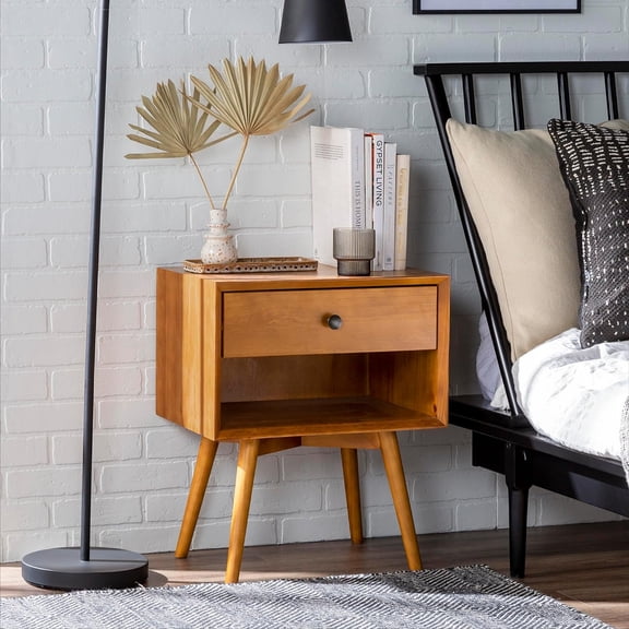 Mid  Modern Wood Nightstand Side Table Bedroom Storage Drawer and Shelf Bedside End Table, 1 Drawer, Caramel