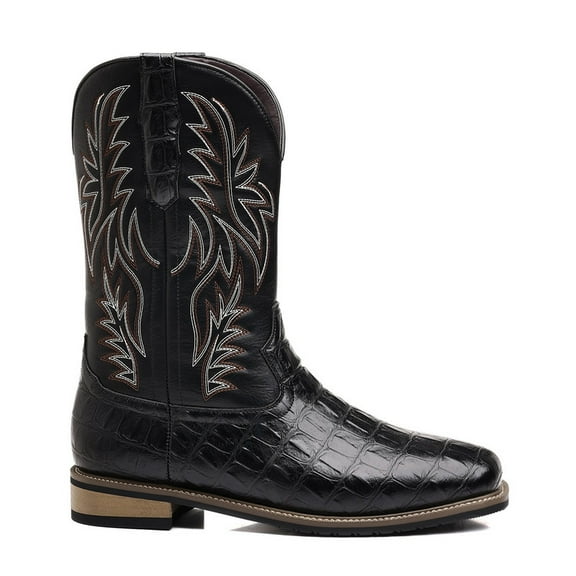 Mid PipeSquare Toe Wide Calf Pull On Boots Classic Retro Mens Work Boots Western Boots Slip Resistant Embroidered Pull On Boot