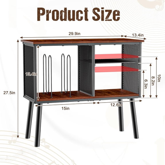 Mid- Record Player Stand with Adjustable Divider & Vinyl Storage for 200 Albums, Walnut Wood & Iron Frame End Table for Bedroom Living Room