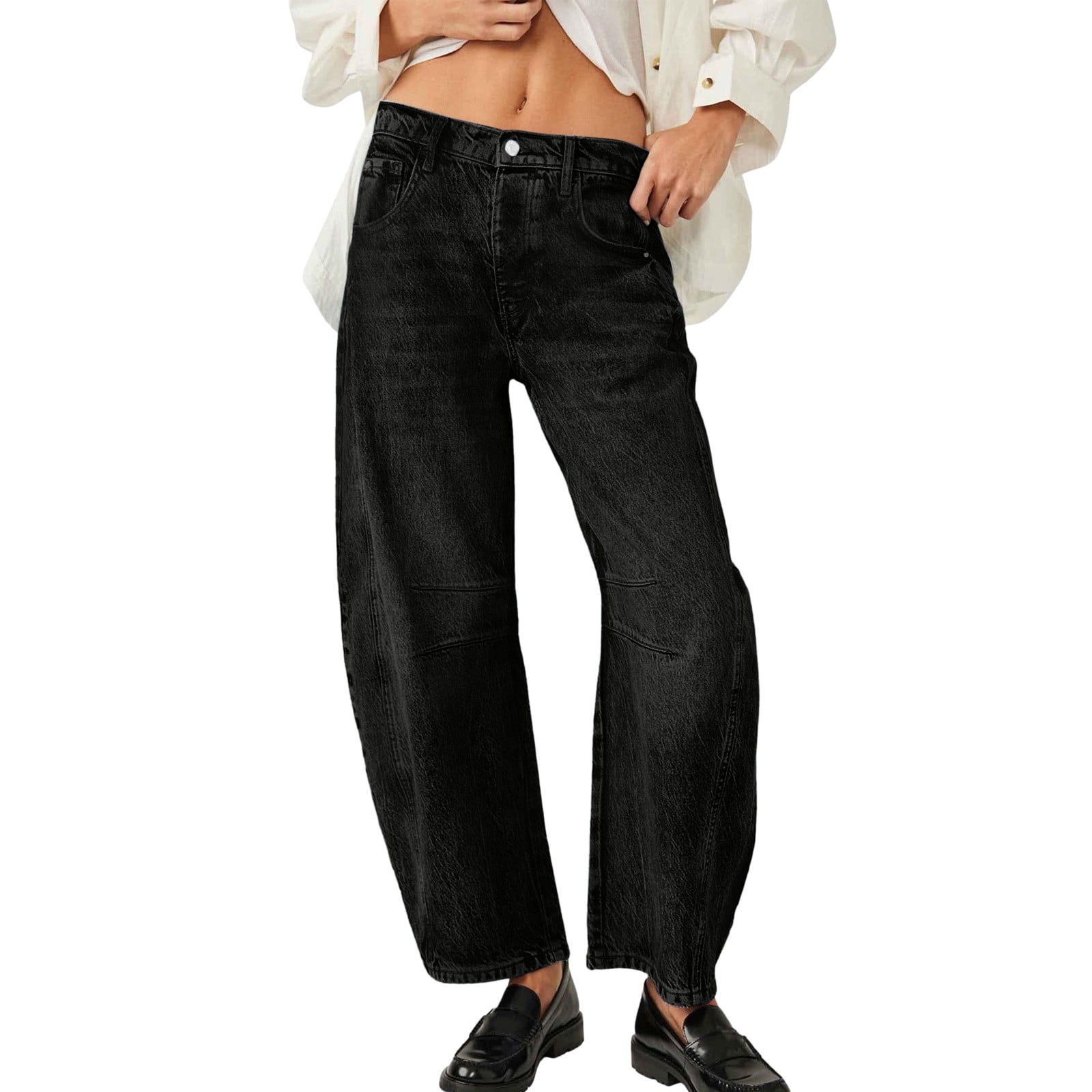 Mid Rise Barrel Jeans For Women Wide Leg Mid Waist Cropped Denim Pants 