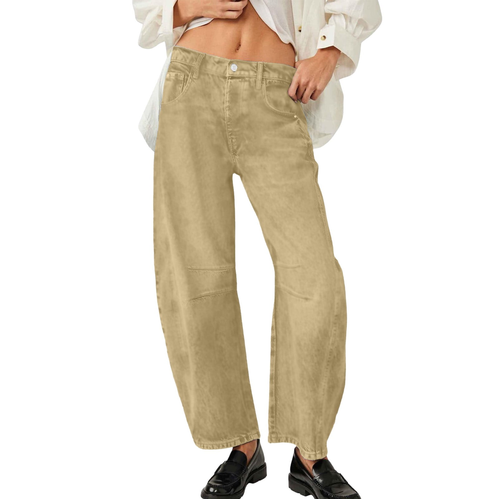 Flamingals Damen Jeans Mid Rise Straight - Stretch Baggy Boyfriend Jeans Mit Multi Pocket