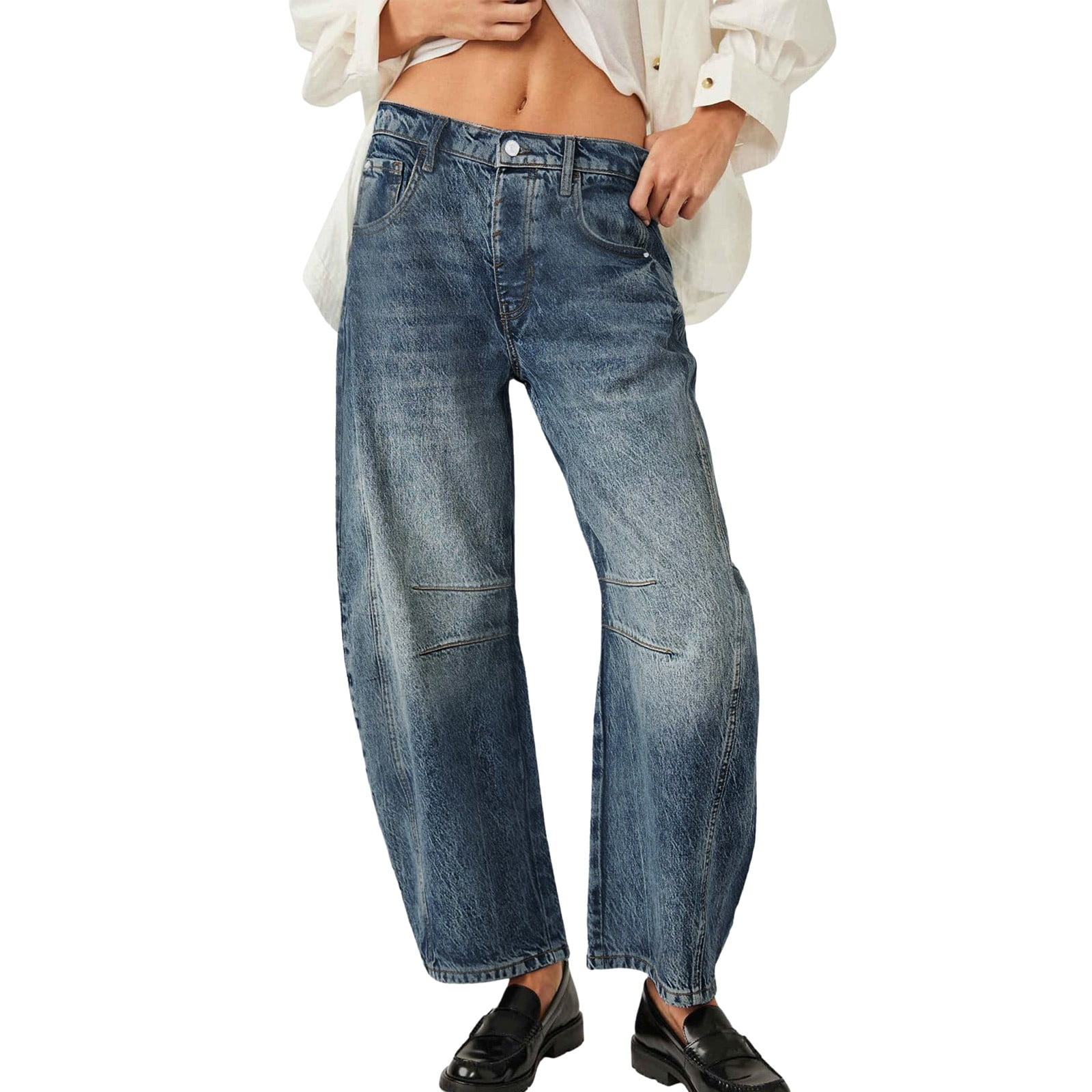 Mid Rise Barrel Jeans for Women Wide Leg Mid Waist Cropped Denim Pants ...