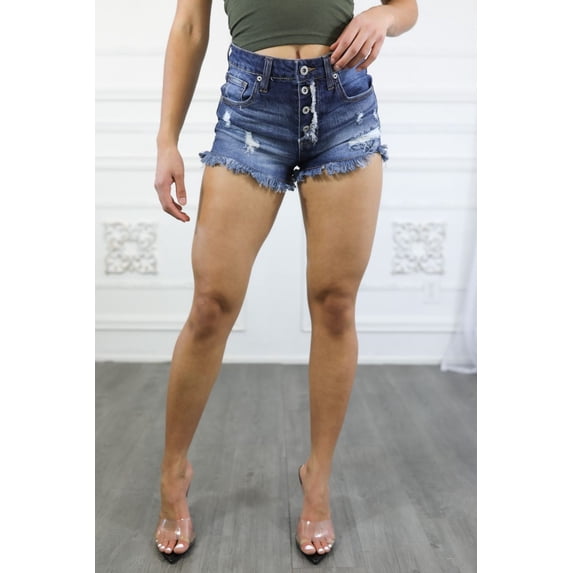 Mid Rise Exposed Button Up Frayed Hem Shorts