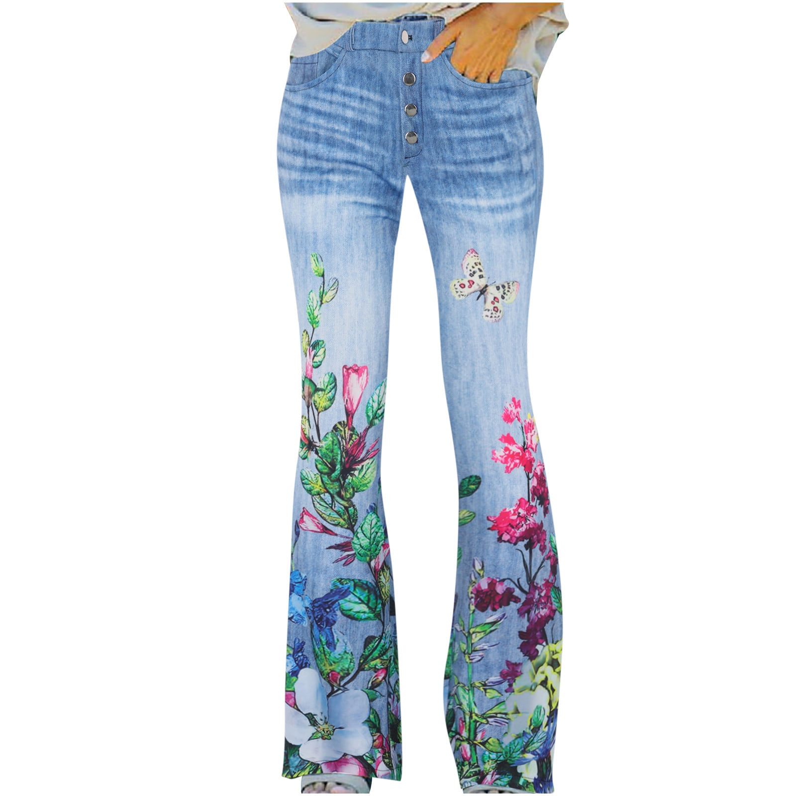 Mid Rise Jeans for Women Vintage Embroidery Floral Stretch Skinny