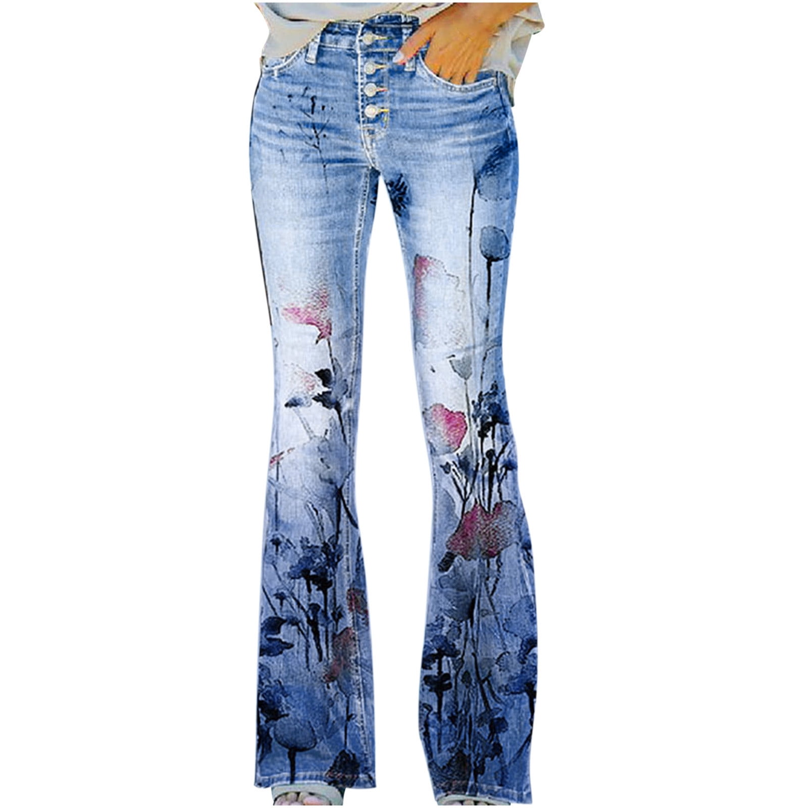 Pbnbp Mid Rise Jeans for Women Vintage Embroidery Floral Stretch Skinny Flare Leg Thin Denim Pants Plus Size Pockets Jeans Ripped Jeans for Women