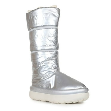 Mid Shaft Metallic Women's Pull On Puffer Cozy Winter Snow Boots in Silver