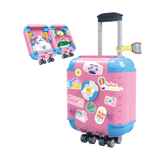 Mid-Size Opening Suitcase Building Set, Fantasy Castle Landmark Skyline Brick Display, Retractable Handle & Wheels, 518pcs Fun GiftM (Medium, double-open)