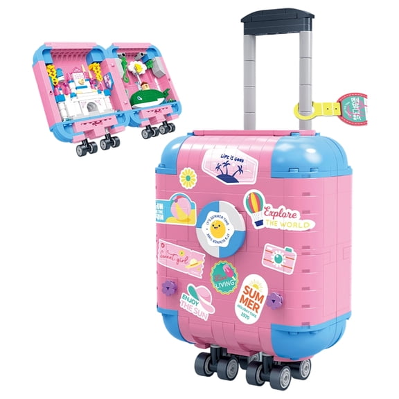 Mid-Size Opening Suitcase Building Set, Fantasy Castle Landmark Skyline Brick Display, Retractable Handle & Wheels, 518pcs Fun GiftM (Medium, double-open)