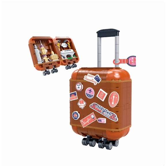 Mid-Size Opening Suitcase Building Set, Shanghai Landmark Skyline Brick Display, Retractable Handle & Wheels, 496pcs Fun GiftM (Medium, double-open)