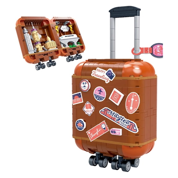 Mid-Size Opening Suitcase Building Set, Shanghai Landmark Skyline Brick Display, Retractable Handle & Wheels, 496pcs Fun GiftM (Medium, double-open)