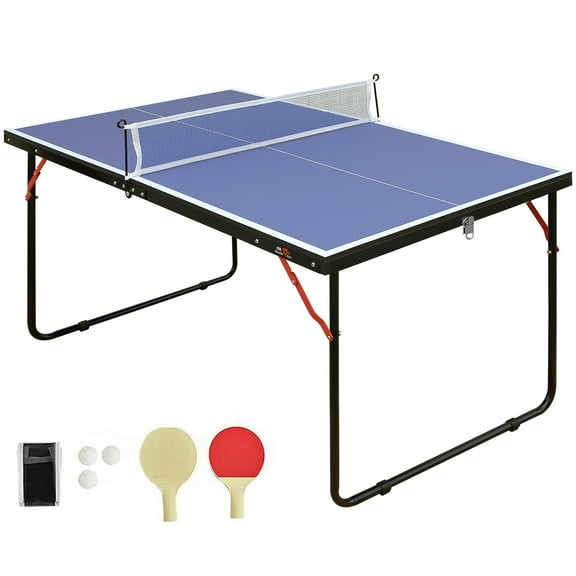Mid-Size Portable Ping Pong Table, 4ft Compact Foldable Table Tennis Table Set with Net, 2 Paddles & 3 Balls for Indoor Outdoor, Small Spaces And Apartments, Thickened Aluminum Frame