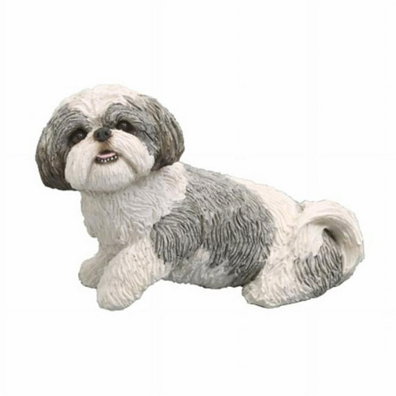 Mid Size Silver And White Shih Tzu Sculpture, Sitting