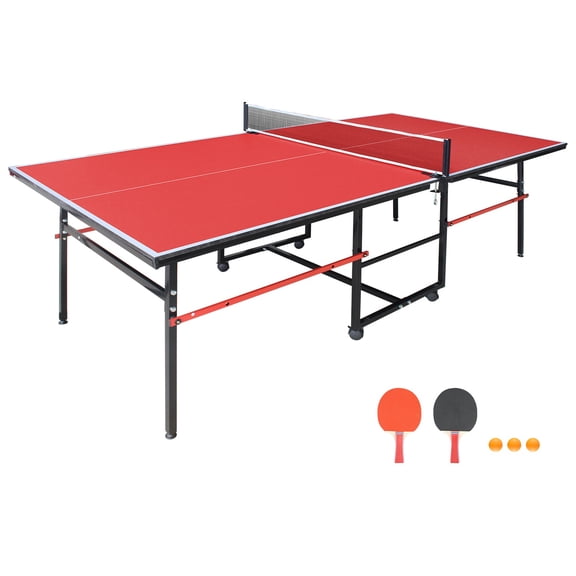 Mid-Size Table Tennis Table, SEGMART 8FT Foldable Outdoor Ping Pong Table with Net, 2 Table Tennis Paddles and 3 Balls, Portable Table Tennis Game Set for Indoor Outdoor, Red
