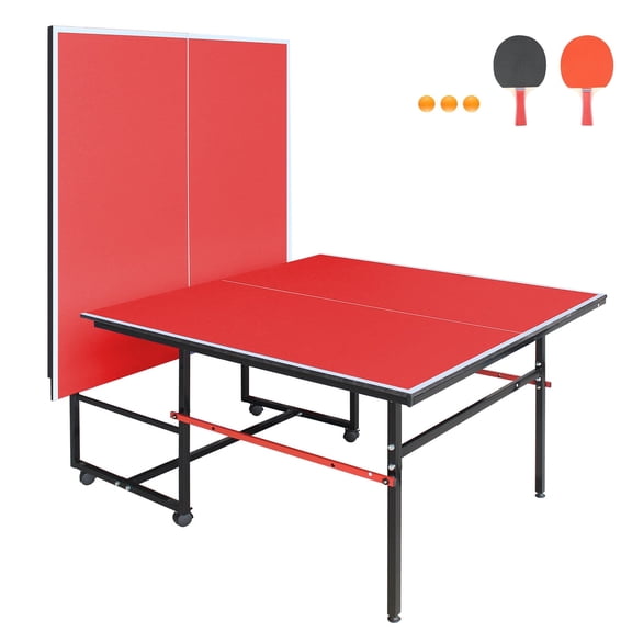 8FT Mid-Size Table Tennis Table, SEGMART Foldable Outdoor Ping Pong Table with Net, 2 Table Tennis Paddles and 3 Balls, Portable Table Tennis Game Set for Indoor Outdoor, Red