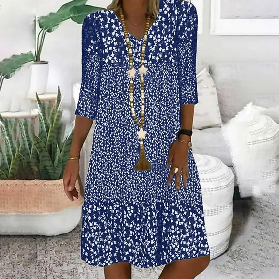 Mid Sleeved V Neck Medium Length Dress With Floral Dresses For Women Shirt Dress Blue M
