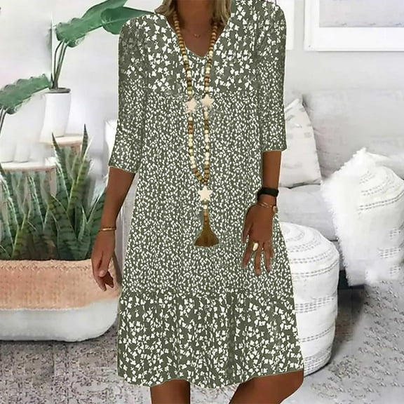Mid Sleeved V Neck Medium Length Dress With Floral Dresses For Women Shirt Dress Clear M