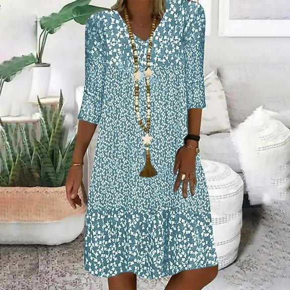 Mid Sleeved V Neck Medium Length Dress With Floral Dresses For Women Shirt Dress Dark Green M