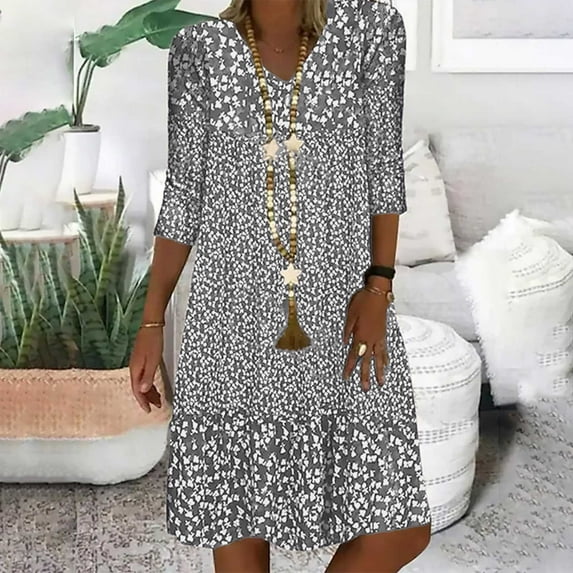 Mid Sleeved V Neck Medium Length Dress With Floral Dresses For Women Shirt Dress Grey XXXXXL