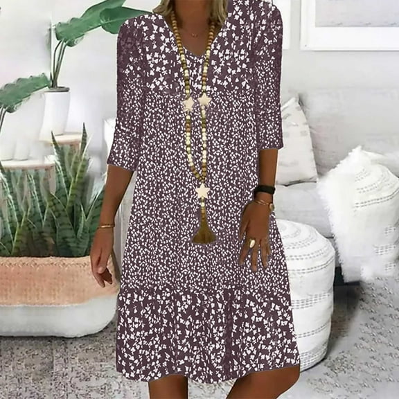 Mid Sleeved V Neck Medium Length Dress With Floral Dresses For Women Shirt Dress OTHER L