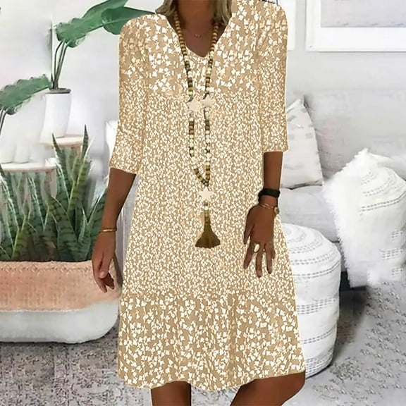 Mid Sleeved V Neck Medium Length Dress With Floral Dresses For Women Shirt Dress Orange M