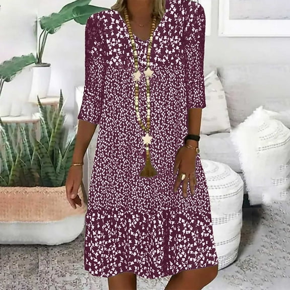 Mid Sleeved V Neck Medium Length Dress With Floral Dresses For Women Shirt Dress Red M