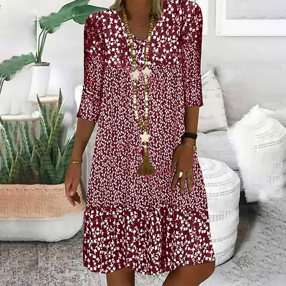 Mid Sleeved V Neck Medium Length Dress With Floral Dresses For Women Shirt Dress Wine M