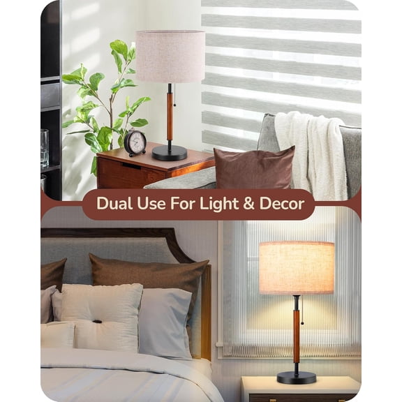 Mid Table Lamp, Pull Chain Switch Bedside Lamp with Linen Shade, Solid Wood Pole & Black Metal Base, Modern Nightstand Lamp for Bedroom, Living Room, Office, E26 Base