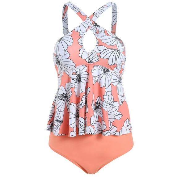Mid-Ten Plus Size Tankini Swimwear Swimsuit for Women Ladies Swing High Waist Bikini Set Tankini Set Two Piece Beachwear Swimming Bathing Suit Push Up Padded Backless Tummy Control