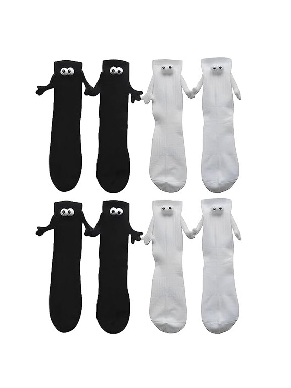 Holding Hands Socks, Couple Magnetic Hand Socks, Unisex Mid Tube Funny Hand In Hand Socks, 3D Doll Cute Gifts Socks for Women Men (Black&White,4Pairs)