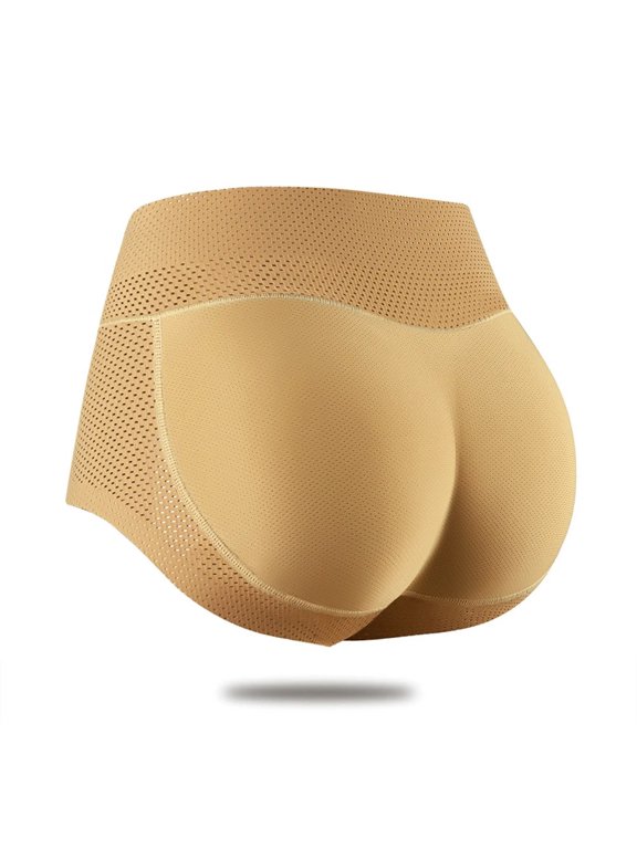 Mid Waist Padded Hip Butt Lifter Underwear for Women, Nylon Elastane Knit Broadcloth Body Shaper Control Panties with Butt Filling Pads, Medium Compression Shapewear,M,Skin